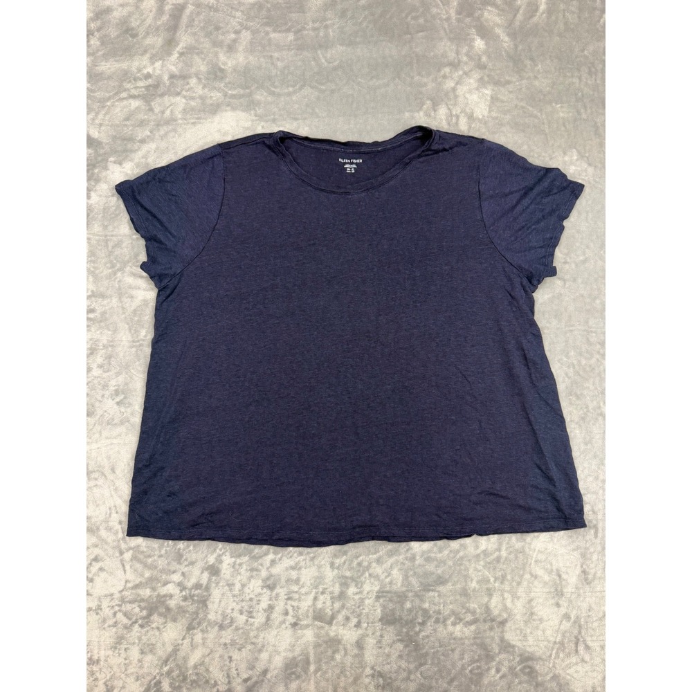Eileen Fisher Navy Blue 100% Organic Linen Short Sleeve Boxy Crew Neck Top XL